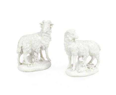 A Pair of Derby "Dry-Edge" Models of a Ewe and Ram, circa 1752-55, naturalistically modelled standing on mound bases with app