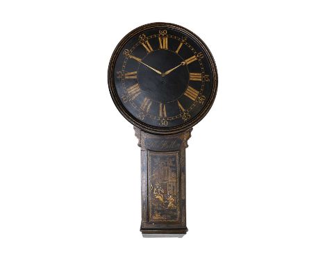 A Chinoiserie Tavern Wall Timepiece, signed M Hill, Late 18th Century, black lacquered chinoiserie case with side viewing mov