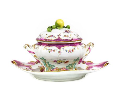 A Meissen Porcelain Soup Tureen, Cover and Stand, circa 1765, with fruit knop and scroll handles and feet, painted with flowe