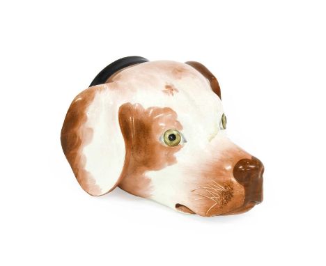 A Staffordshire Pearlware Hound's Head Stirrup Cup, early 19th century, naturalistically modelled and painted with brown mark