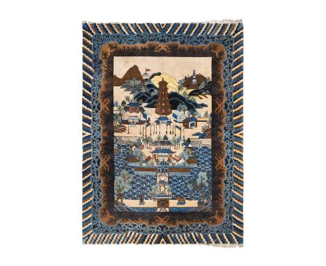 Peking Carpet, circa 1910The field depicting the gardens of The Imperial Palace with trees, hills and palatial buildings, enc