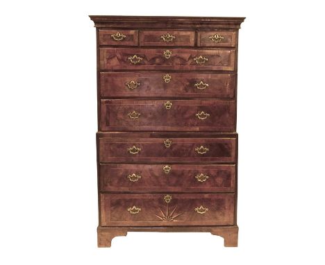 A George II Walnut, Figured Walnut and Crossbanded Chest on Chest, 2nd quarter 18th century, the cavetto cornice above three 