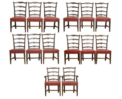 A Set of Fourteen (12+2) George III-Style Mahogany Ladder-Back Dining Chairs, late 19th century, recovered in close-nailed re