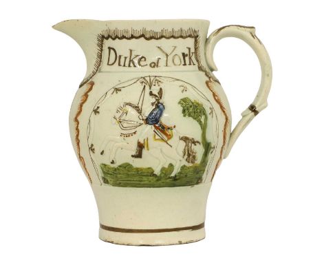 A Prattware Jug, circa 1800, moulded and painted with Prince Cobourg and Duke of York15cm highGlaze on the spout, handle and 
