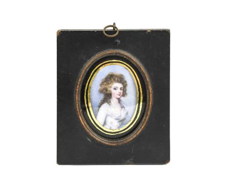 English School (late 18th century): Miniature Portrait of a Lady, bust length, with curly brown hair and white dress, on ivor