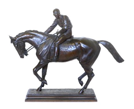 After Isidore Jules Bonheur (1827-1901): "Jongleur", A bronze of a Racehorse, trotting with jockey up, on a rectangular plint