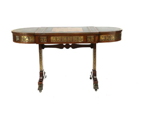 A Fine Regency Rosewood and Brass-Inlaid Library or Centre Table, early 19th century, inset with a leather writing surface wi