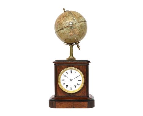 An Unusual Victorian Terrestrial Globe Striking Mantel Clock, circa 1890, walnut veneered and ebonised case surmounted by a t