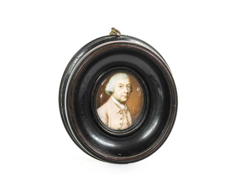 James Scouler (c.1740-1812): Miniature Portrait of a Gentleman, bust length, wearing a wig, white stock and fawn jacket, sign