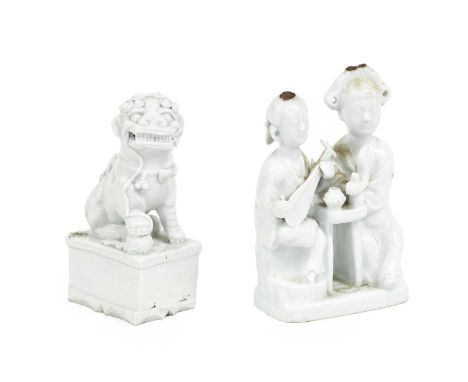 A Chinese Blanc de Chine Porcelain Figure Group, Kangxi, as two courtesans sitting beside a table, one playing a Biwa on a re