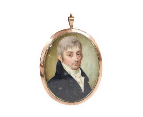 English School (early 19th century): Miniature Portrait of a Gentleman, bust length, wearing a white stock and waist and blue