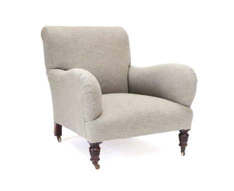 A Victorian Mahogany-Framed Deep-Seated Armchair, late 19th century, covered in modern grey linen, with overstuffed seat and 