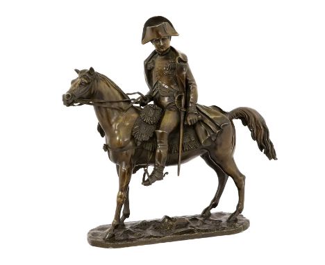 French School (19th century): A Bronze Equestrian Group of Napoleon, in military uniform on horseback on a rounded rectangula