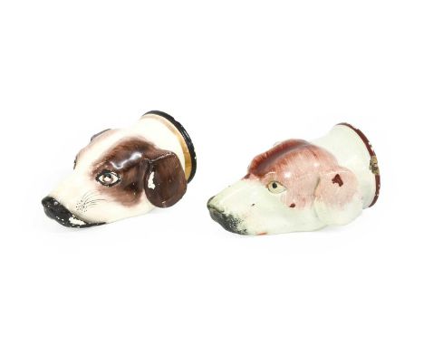 A Staffordshire Pearlware Hound's Head Stirrup Cup, mid 19th century, naturalistically modelled and painted with brown markin