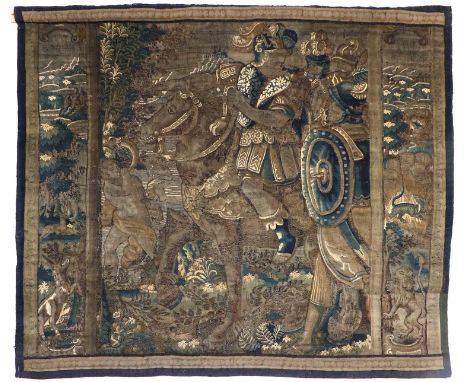 17th Century Flemish Tapestry FragmentWoven in wools and silk, the field depicting a warrior, possibly Alexander the Great, s