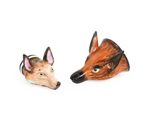 A Pearlware Fox Mask Stirrup Cup, early 19th century, naturalistically modelled and painted12cm longA Similar Stirrup Cup10cm