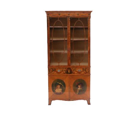 An Edwardian Satinwood and Polychrome Painted Display Cabinet, early 20th century, the frieze painted with urns joined by flo