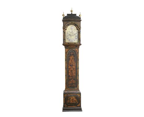 A Green Chinoiserie Eight Day Longcase Clock, signed Isaac Jiercelin, circa 1730, caddy pediment, case elaborately gilt decor