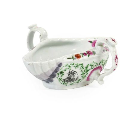 A Worcester Porcelain Two-Handled Sauceboat, circa 1756, of fluted oval form, printed en grisaille with the River Scene, the 