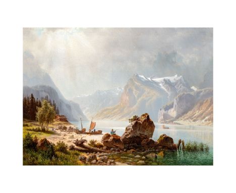 Nocken, Wilhelm Theodor1830 Düsseldorf - 1905 ebd.Fischer am Achensee. Öl auf Leinwand. U.l. sign. H. 84, B. 117 cm (Bildträg