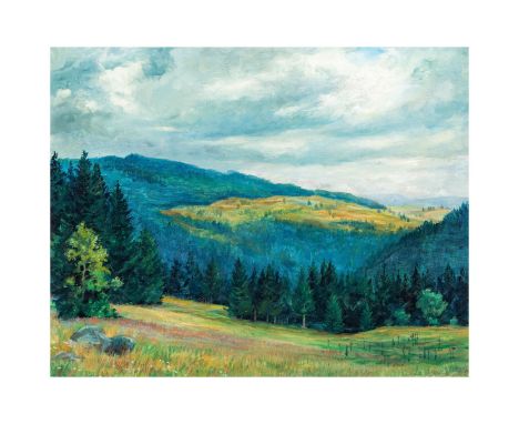 Thiel, Johannes1889 Speicher - 1962 Freiburg i.Br.Hochsommer im Schwarzwald.Öl auf Leinwand. Unsign. Verso auf dem Keilrahmen