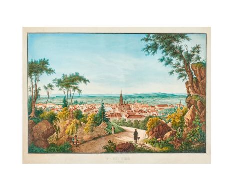 Ring, Maximilian von1799 Bonn - 1873 Bischheim.«Freiburg (von der Ostseite)». Handkolorierte Lithographie auf gräulichem Papi