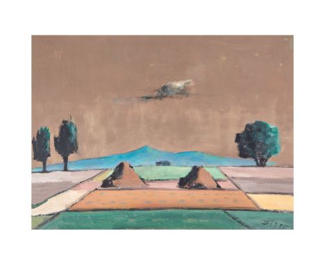 Bizer, Emil1881 Pforzheim - 1957 Badenweiler.«Landschaft mit zwei Haufen II».Um 1955. Öl auf Hartfaser. U.r. sign. Verso bet.