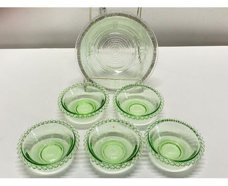 Six pieces of vintage glass including Uranium bowls, shipping unavailable