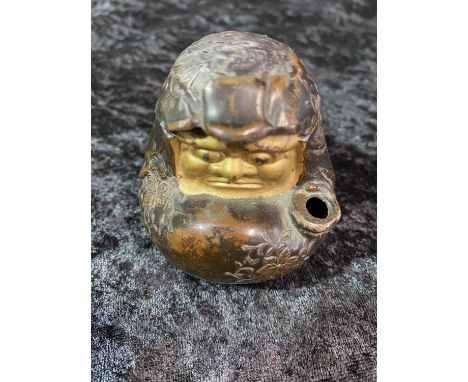 A unusual antique Japanese bronze inkwell with original liner, damage to hinge