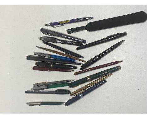 A box of assorted vintage pens including Parker with a 14ct gold nib