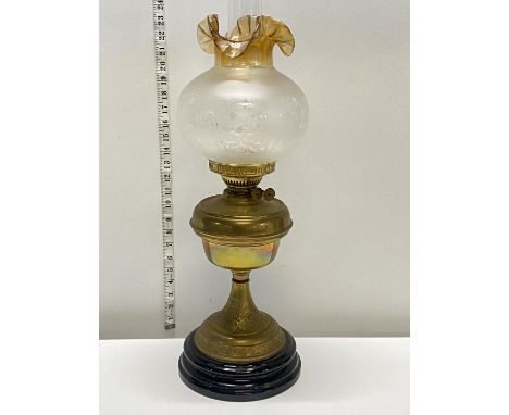 A antique brass and glass oil lamp with etched glass shade h65cm, shipping unavailable