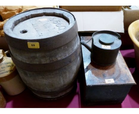A coopered barrel 17' high, an oak step and a small copper kettle
