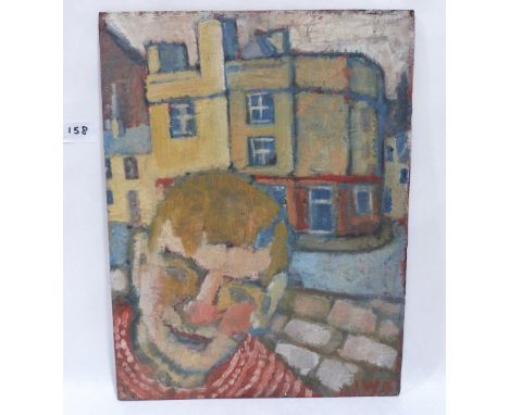 ISLWYN WATKINS. WELSH 1938-2018 Self portrait in a street scene. Signed initials and dated '56. Oil on board 15½' x 12'. Unfr