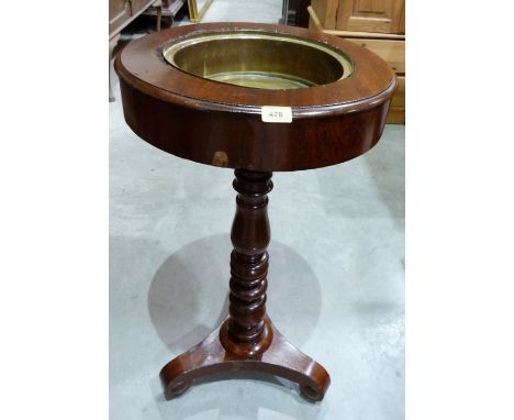 A Victorian mahogany jardiniere, the brass lined top on ring turned column and tripartite base. 33' high