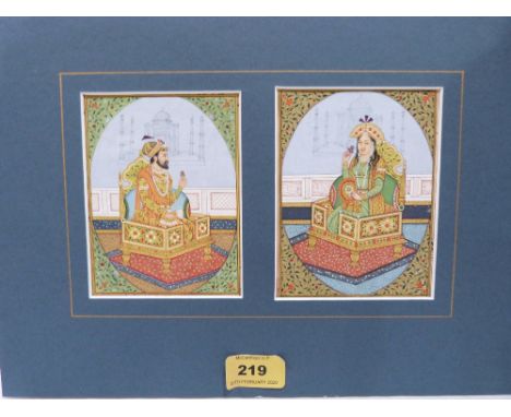 A pair of Indian watercolours depicting Shah Jahan and Mumtaz Mahal, mounted in a single frame. The works painted on earlier 