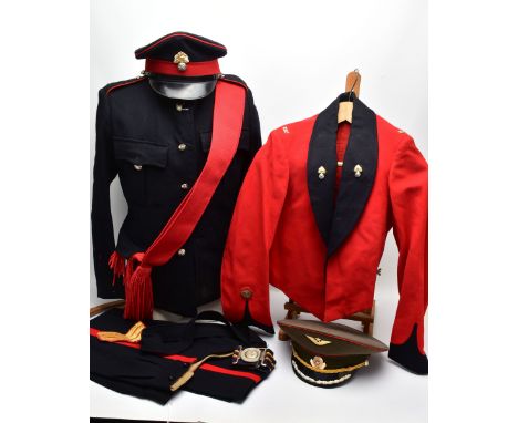 A LARGE BOX CONTAINING TWO DRESS UNIFORMS &amp; OTHER ITEMS, as follows, Officers Mess No 1 Dress Blue, dated 1964 with jacke