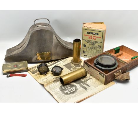 A BOX CONTAINING SEVERAL ITEMS OF MILITARY INTEREST, as follows, a metal hat box for fitting a Bicorne style Military Hat, ni