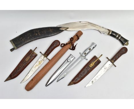 A TRAY OF KNIVES,BAYONETS ETC, to include a Military Dress Bayonet highly chromed throughout, both scabbard and bayonet, a pa