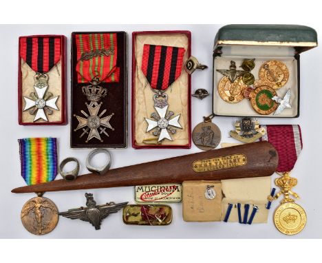 A BOX OF VARIOUS MILITARY ITEMS AS FOLLOWS, Belgium medals, two Adminiastration medals, boxed, WW1 Croix Du Guerre, Gold orde