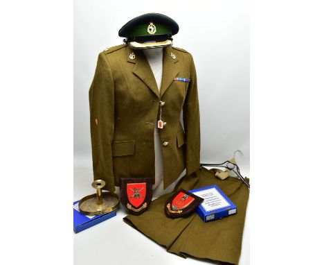 A BOX CONTAINING A DRESS UNIFORM, for a Woman officer in the Royal Army Dentists Corps, consisting of jacket and skirt medal 