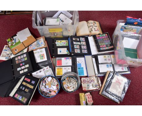 LARGE COLLECTION OF STAMPS IN TWO PLASTIC BOXES, and a small basket, we note a mint and used GB collection inc a good run of 