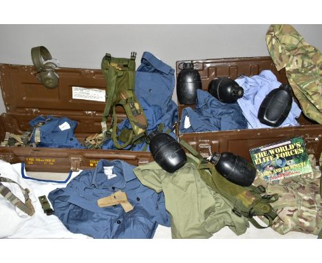 TWO MODERN ARMY AMMUNITION CASES, containing a variety of items to include Military issue Shirts, mens womens, Blue, Navy blu
