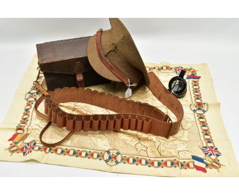 A BOX CONTAINING VARIOUS MILITARY RELATED ITEM AS FOLLOWS, WW1/2 era Soldiers/officers Cap, bearing the metal insignia for th