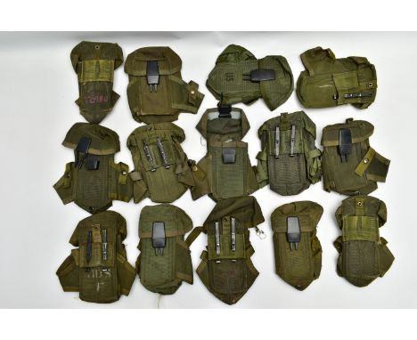 A BOX CONTAINING FOURTEEN US ARMY ISSUE AMMO/KIT POUCHES, green canvas with plastic grip catch and metal belt fastenings, som