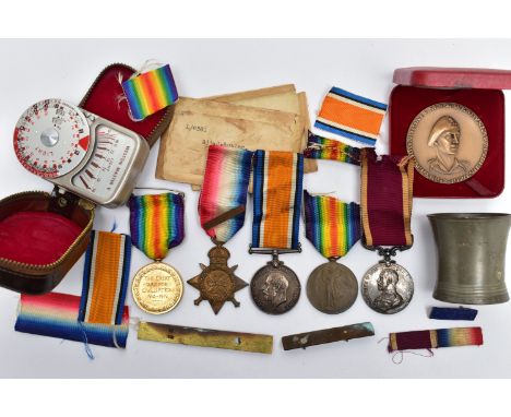 GROUP OF FOUR GREAT WAR MEDALS NAMED TO L-6581  Sjt J Butler, 1/The Queens Regiment, the group consists of 1914 Star with Aug