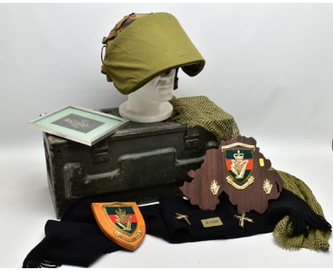 A BOX OF MILITARY ITEMS WITH IRISH/UDR INTEREST, as follows, large camo painted metal Ammo box, British 80s period Army  Kevl