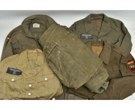 A LARGE BOX CONTAINING A LARGE ARMY KIT BAG WITH MARKINGS, two replica German WW2 Jackets one liteweight, with replica insign