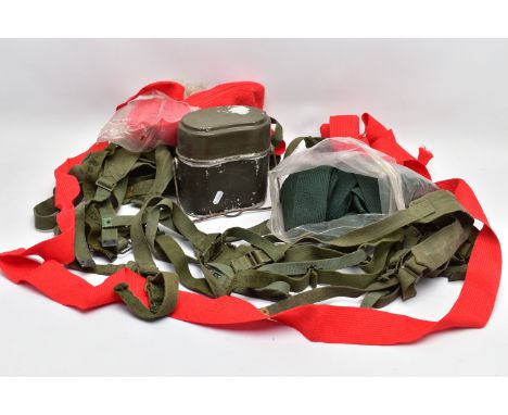 A LARGE BOX CONTAINING LOTS OF CANVAS GREEN WEBBING STRAPS, a large bags of red and green rolls of Military sash cloth and a 