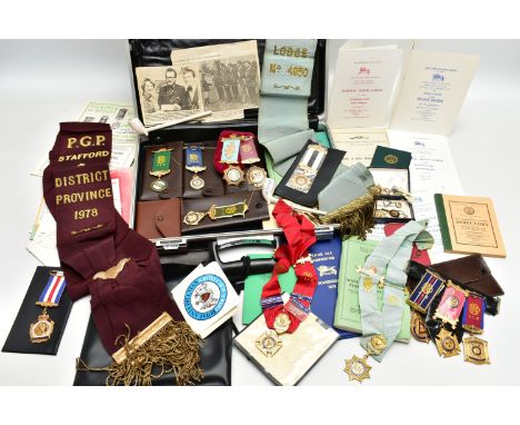 BLACK METAL BRIEFCASE, containing a large quantity of RAOB GLE medals, medallions, gloves wallets, lodge booklets directories