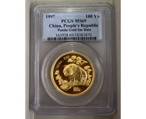 CHINA. People's Republic. Gold 100 yuan, 1997. Small date. A panda standing on the tree trunk with the value and gold content